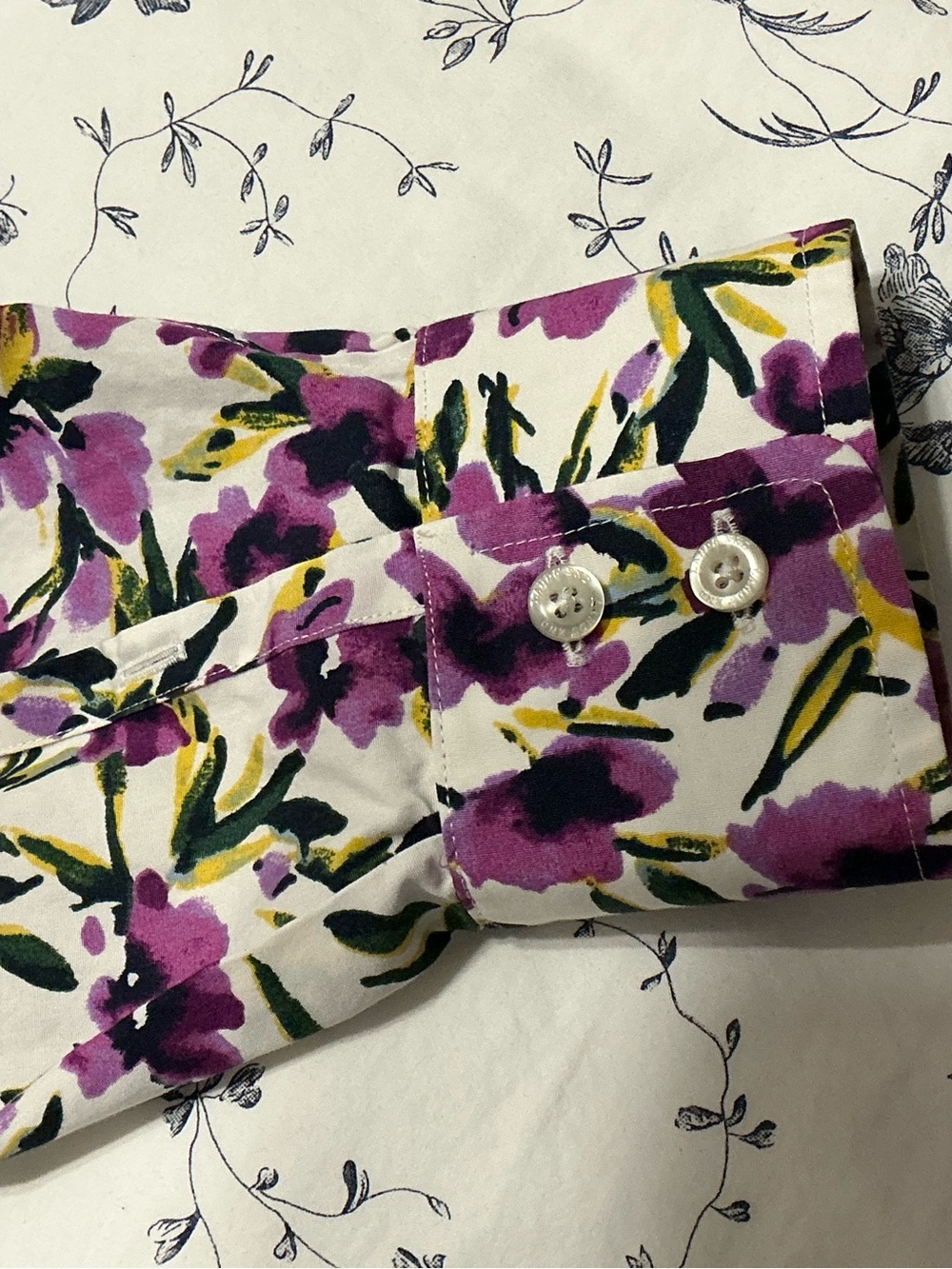 Lands' End Plus Sized Supima Cotton Purple Floral Button-Up Shirt - Picture 5 of 6
